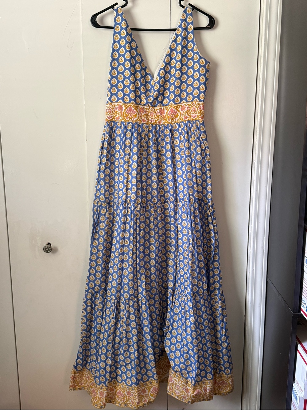 Point Sur (J. Crew) block print tiered maxi dress blue white yellow womens 4 - Picture 2 of 15